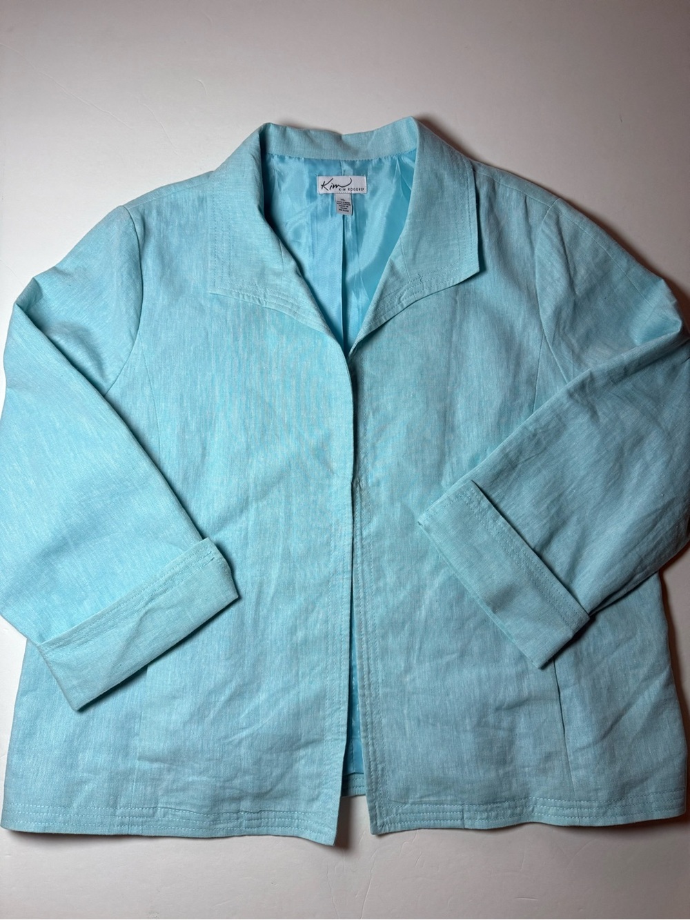 Aqua Linen Blend Open Front Jacket With Pockets XL Lightweight Lined